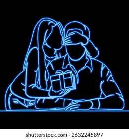 Woman Surprising Man with Gift While Covering His Eyes icon neon glow vector illustration concept
