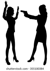 woman surrendering with both hands raised in air
