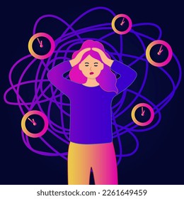 A woman surrounded by clocks. Life with stress and problems. Panic attacks. Negative lifestyle. Vector illustration. Vector illustration in trendy colors.