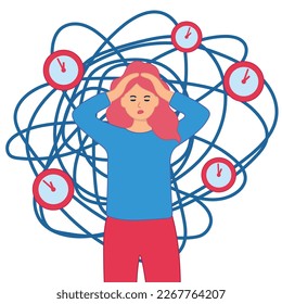 A woman surrounded by clocks. Life with stress and problems. Panic attacks. Negative lifestyle. Vector illustration.