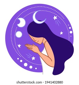 Woman surrounded by crescent and full moon and stars. Isolated personage with long hair. Brunette with moonshine. Witchcraft and astrological knowledge, bohemia and spiritual. Vector in flat style
