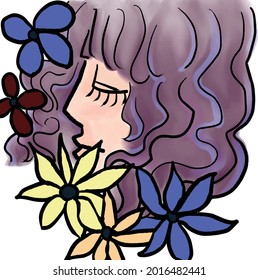 A woman surrounded by flowers in profile
