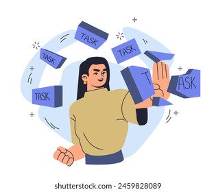 Frau umgeben von fliegenden Aufgabenblöcken, flacher Grafikstil, auf weißem Hintergrund, Workflow, Effizienz und Multitasking. Vektorillustration