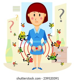 Woman surrounded by germs with hands on stomach with signal of pain 