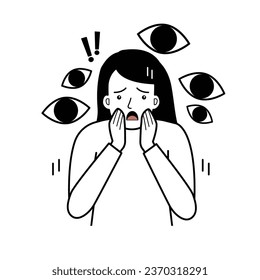 A woman surrounded by giant eyes. Woman suffer from phobias and fears. Mental disorders concept. Cartoon flat vector illustration
