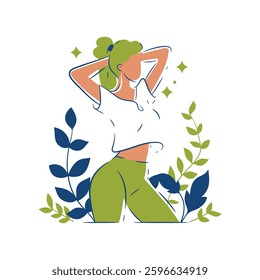 Woman surrounded by green leaves, symbolizing nature, sustainability, and eco-friendly living, logo design. Perfect for beauty, wellness, organic lifestyle, and environmental themes. Isolated vector.