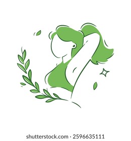 Woman surrounded by green leaves, symbolizing nature, sustainability, and eco-friendly living, logo design. Perfect for beauty, wellness, organic lifestyle, and environmental themes. Isolated vector.