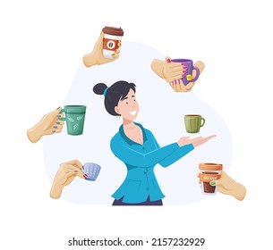 Woman surrounded by hands with coffee and tee cups. Smiling elegant young woman holding ceramic mug in her hands. Breakfast hot drinks and beverages. Coffee break, teatime concept flat vector