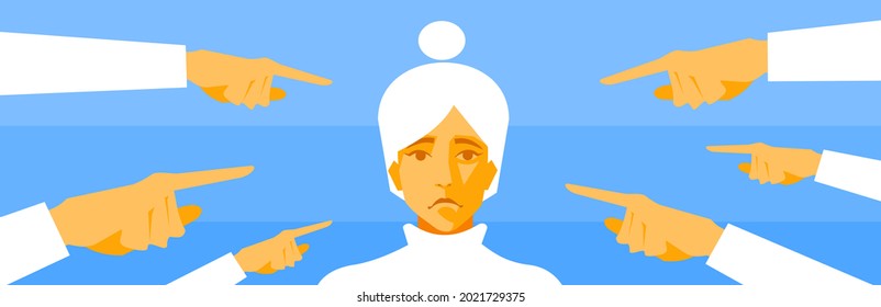 Woman surrounded by index fingers concept of blaming depressed and bullying, flat vector illustration