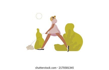 Woman surrounded by landscape with sun. Happy female wearing dress stroll in natural park or street at sunny day.