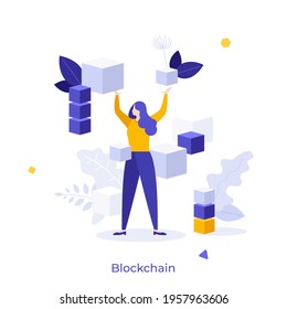 Woman surrounded by levitating cubes or cubic blocks. Concept of blockchain technology, decentralized and distributed cryptographic system used for digital transactions.Modern flat vector illustration