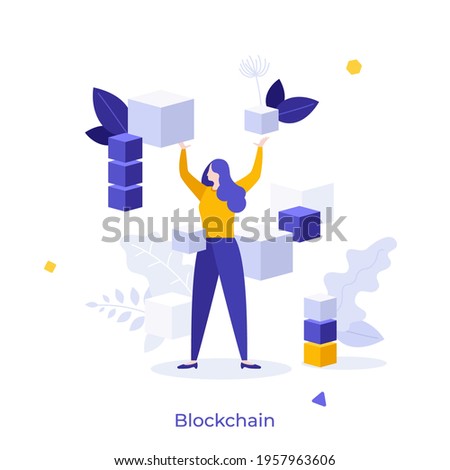 Woman surrounded by levitating cubes or cubic blocks. Concept of blockchain technology, decentralized and distributed cryptographic system used for digital transactions.Modern flat vector illustration