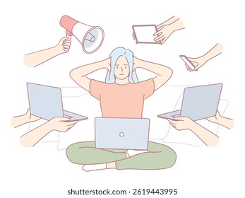 A woman surrounded by numerous devices, illustrating the significant challenges of modernday multitasking in life