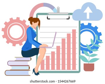 Woman surrounded by office supply vector, lady with laptop working on project flat style character. Cogwheel and clipboard with charts, plant cloud books. Business education