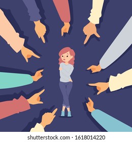 Woman surrounded by pointing hands, victim blaming vector illustration. Social discrimination, harassment and bullying. Upset lonely girl being pointed at by many hands. People shaming and judgment