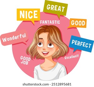 Woman surrounded by positive affirmation speech bubbles