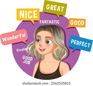 Woman surrounded by positive affirmation speech bubbles