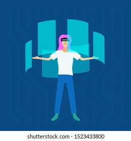 A woman surrounded by screens. Augmented reality. Vector illustartion