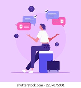 Woman surrounded by speech bubbles. Concept of verbal communication skills or abilities, business speaker, communicating through messages, flat vector illustration