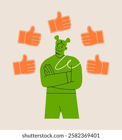 Woman surrounded by thumbs up icons. Colorful vector illustration


