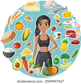 Woman surrounded by various healthy food items