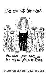Woman surrounded by wildflowers with closed eyes and glowing aura, black and white vector illustration