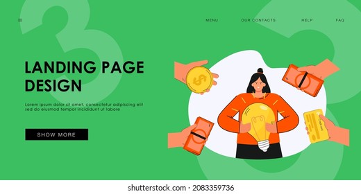 Woman surrounding by hands with money holding light bulb. Girl having creative idea how to earn cash flat vector illustration. Income, earning concept for banner, website design or landing web page.