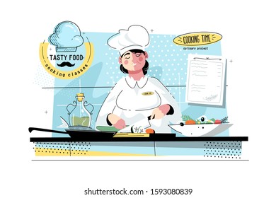 Woman sushi chef at kitchen vector illustration. Cook wearing cook-hat, uniform and cutting vegetables, fish for rolls flat style design. Tasty food and cooking classes concept