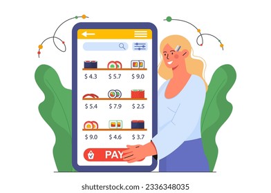 Woman with sushi delivery concept. Young girl near smartphone with rolls and wasabi. Seafood with rice. App for restaurant or cafe with traditional Asian cuisine. Cartoon flat vector illustration