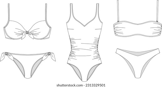 Ropa de baño sostenible para mujeres, dibujo técnico, plantilla, dibujo, plano, burla. PA reciclada, PES reciclada, vista frontal bikini de tela de Lycra, color blanco