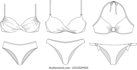 Woman sustainable swimwear, technical drawing, template, sketch, flat, mock up. Recycled PA, Recycled PES, Lycra fabric bikini front view, white color