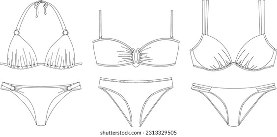 Woman sustainable swimwear, technical drawing, template, sketch, flat, mock up. Recycled PA, Recycled PES, Lycra fabric bikini front view, white color