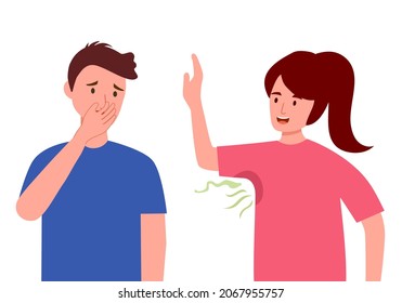 Woman sweat armpit and smelly. Man cover his nose from disgusting smell. Bad smell underarm concept vector illustration on white background.