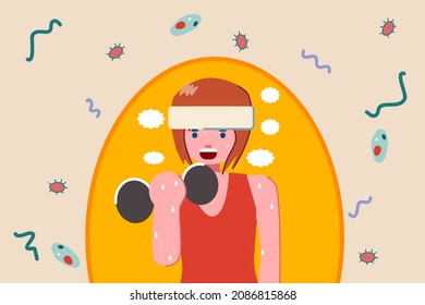 woman with sweat from lifting dumbbells under protection from microbacteria by self immune. Exercise helps build immunity. to fight the germs all around. cartoon for healthcare campaign.