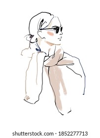 Woman with a sweater around her neck. Fashion sketch vector illustration