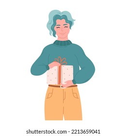 Woman in sweater with Christmas gift. Merry Christmas, Christmas sale. Happy Holidays. Hand drawn vector illustration