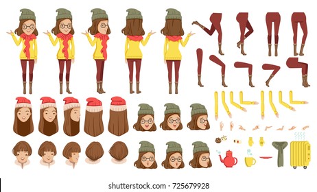 woman in Sweater creation set. cartoon animated character. Icons with different types of faces and hair style, emotions, front, rear,side view of female person.Moving arms,legs. Winter fashion concept