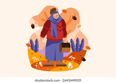 Woman in Sweater Holding Bag and Flowers