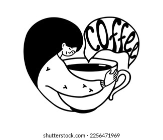 Mujer en el jersey abrazando una taza de café grande con letras de texto por la mañana de invierno y concepto de amante del café. Ilustración vectorial de la línea de doodle dibujada a mano en monocromo.