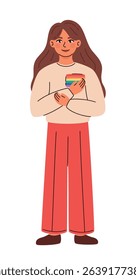 Woman in sweater with lgbt flag image. Pride month celebration. Flat vector illustration.