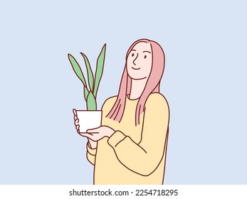 Woman in sweater outfit holding plant Happy posing simple korean style illustration