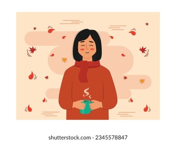 Eine Frau in einem Pullover und Schal, die eine Tasse mit heißem Kaffee hält, genießt ihr Getränk ruhig. Der Wind weht und die Blätter fegen vorbei. Zeichendesigns. Vektorgrafik