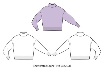 Woman sweater in vector graphic.
Women sweater with turtle neck and volume sleeves.
Vector illustration.
Front and back views.Fashion design.