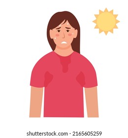  Woman sweating a lot. Girl feels hot and exhausted, sweaty clothes. Vector illustration