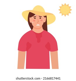  Woman sweating a lot. Girl feels hot and exhausted, sweaty clothes. Vector illustration