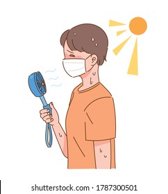 A woman sweating in the summer heat and holding a portable fan.