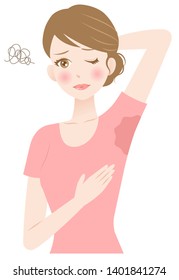 woman sweating under armpit. hygiene and health care concept