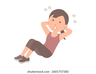 A woman sweating while doing sit-ups. A friendly and cute illustration with a 3.5 head body. Simple colors make it easy to use.