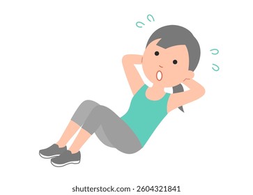 A woman sweating while doing sit-ups. A friendly and cute illustration with a 3.5 head body. Simple colors make it easy to use.