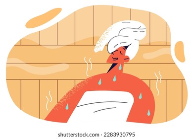 Woman sweats sitting in sauna and enjoying spa treatments that promote rejuvenation and improve health. Girl with towel on head, rests visits Finnish sauna in spa for heat therapy 